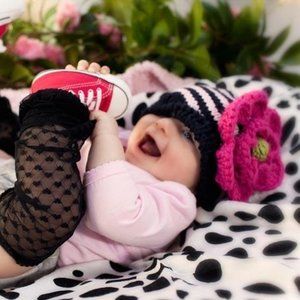 Childs Fashion Knit Beanie With Big Fuchia Flower